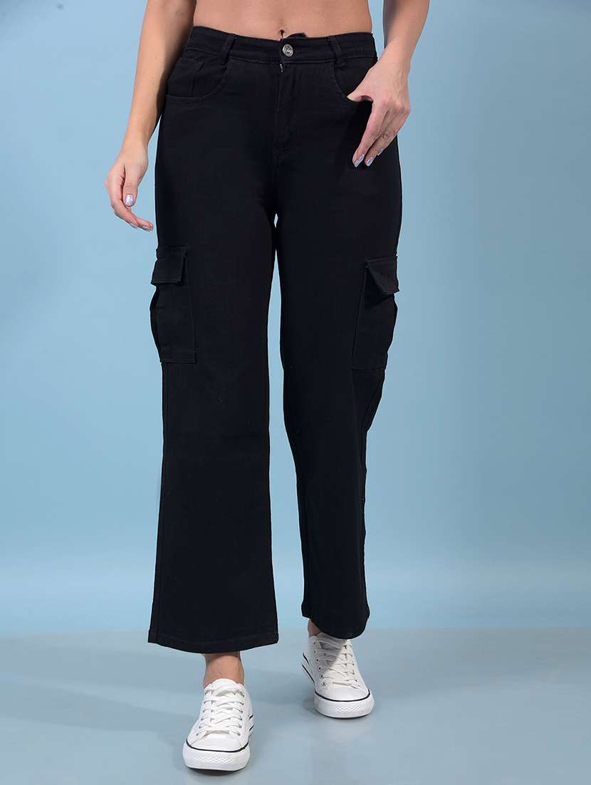 women solid mid rise denim cargo
