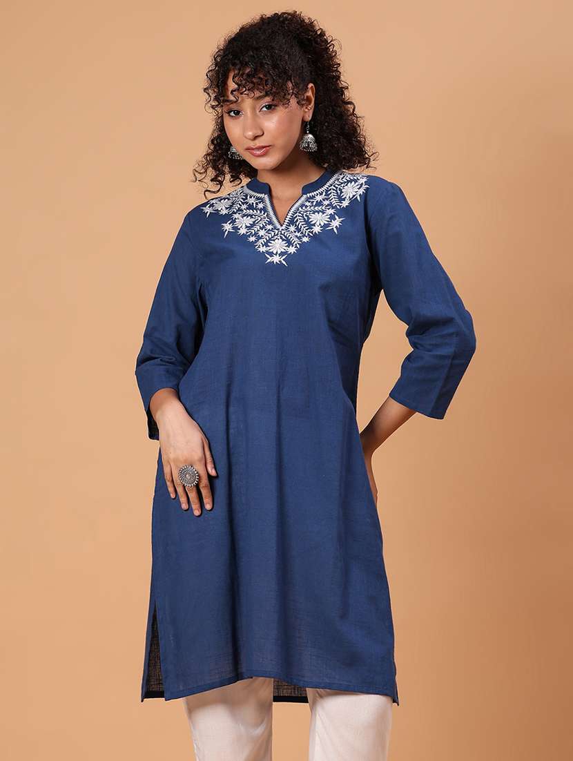 women embroidered three quarter sleeve straight kurta  - 21934065 -  Zoom Image - 0