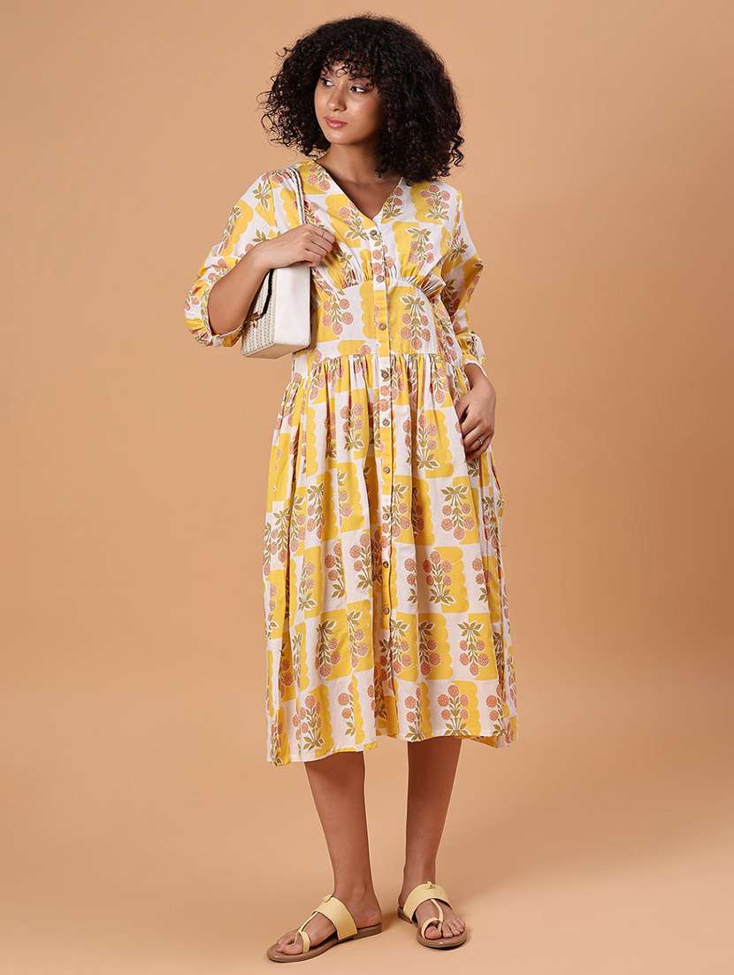women printed three quarter sleeve a-line dress - 21934103 -  Zoom Image - 0