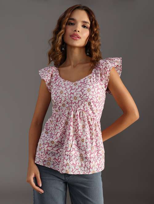 women floral pringt flute sleeve flared top - 21934136 - Standard Image - 0