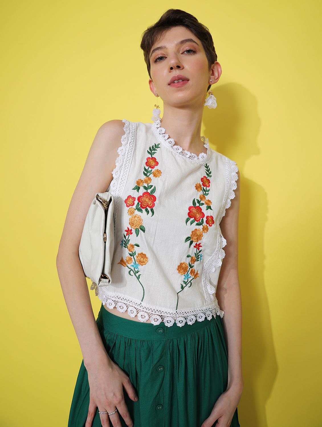 women white embroidered sleeveless crop top - 21934137 - Zoom Image - 0
