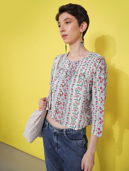 women printed three quarter sleeve top - 21934138 - Standard Image - 0