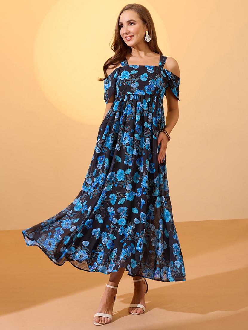 globus women blue floral printed square neck cold shoulder sleeves smocked fit & flare maxi dress - 21934658 -  Zoom Image - 0