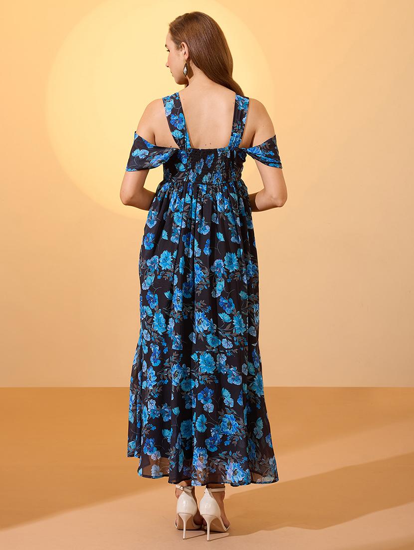globus women blue floral printed square neck cold shoulder sleeves smocked fit & flare maxi dress - 21934658 - Standard Image - 3
