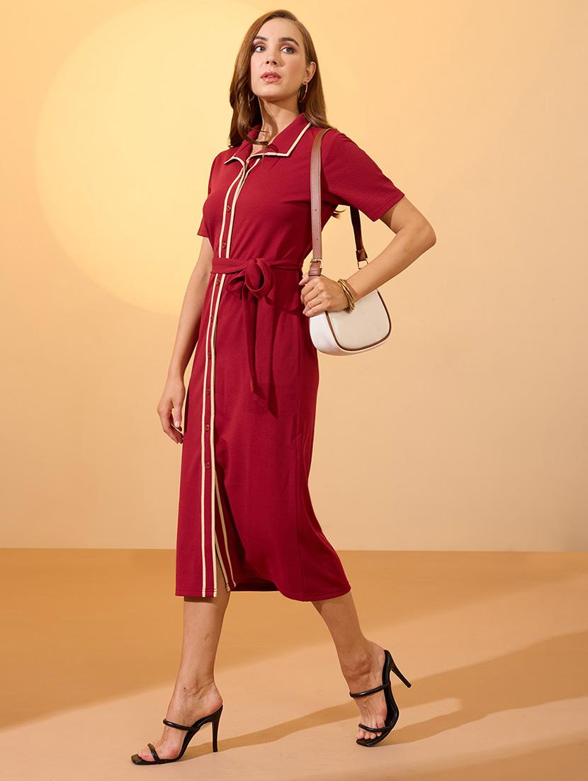 globus women maroon collared neck short sleeves belted midi shirt style workwear dress - 21934660 -  Zoom Image - 0