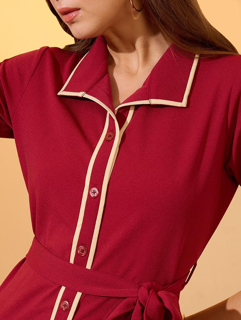 globus women maroon collared neck short sleeves belted midi shirt style workwear dress - 21934660 - Standard Image - 3