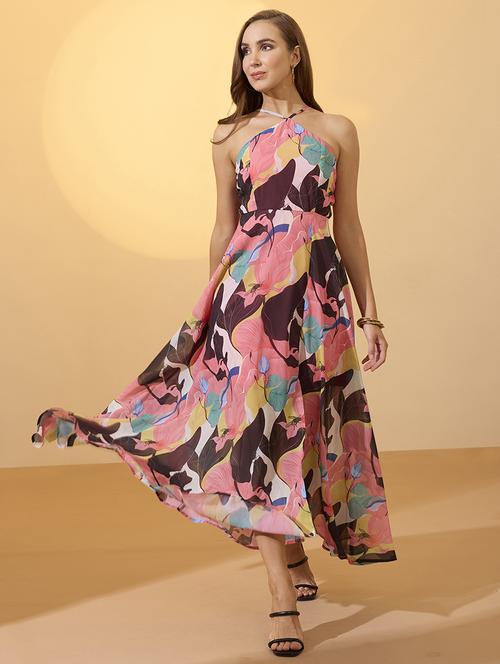 globus women multicolour abstract print halter neck flared hem a-line resort maxi dress - 21934662 -  Standard Image - 0