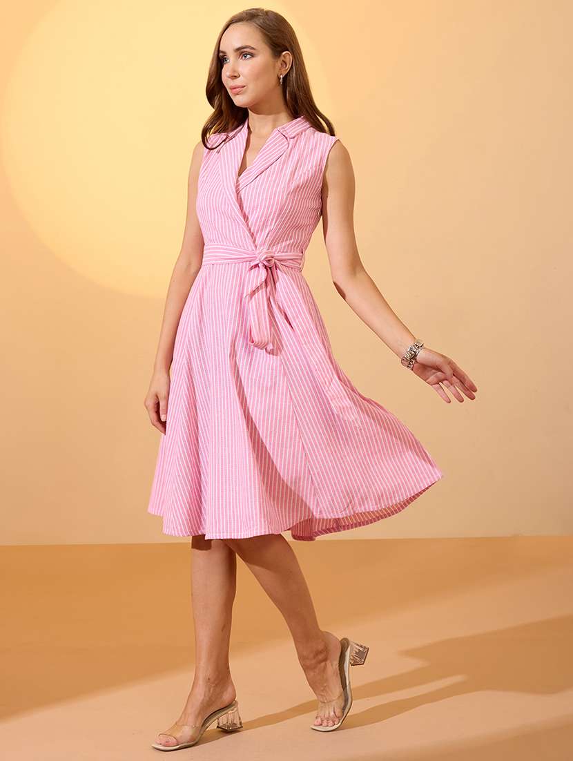 globus women pink stripes printed notch lapel belted midi workwear dress