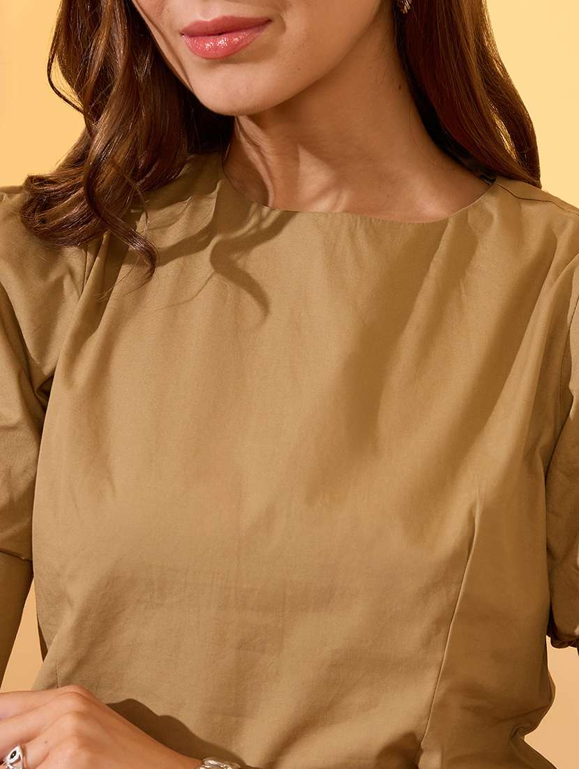 globus women khaki puff sleeve round neck back button shirt style workwear top - 21934669 -  Standard Image - 3