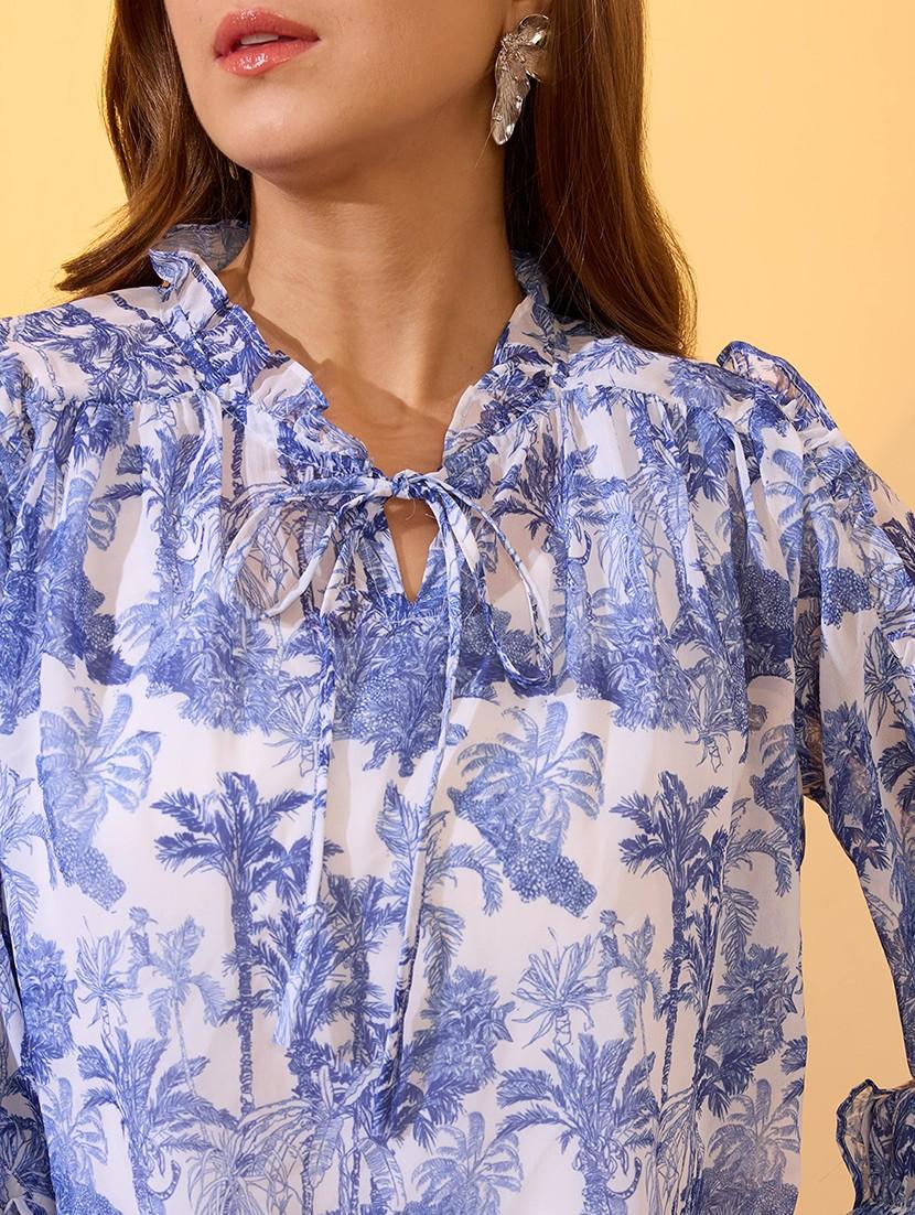 globus women blue frilled tie-up neck bishop sleeves tropical print ruffle detail top - 21934672 - Standard Image - 3