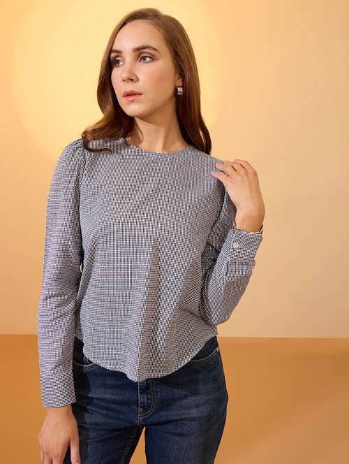 globus women black checkered back button detailing cuffed sleeves curved hem shirt style top - 21934673 - Standard Image - 0