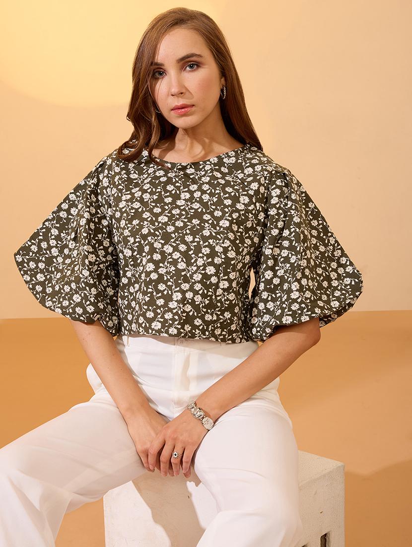 globus women green round neck puff sleeves floral print top - 21934675 -  Zoom Image - 0