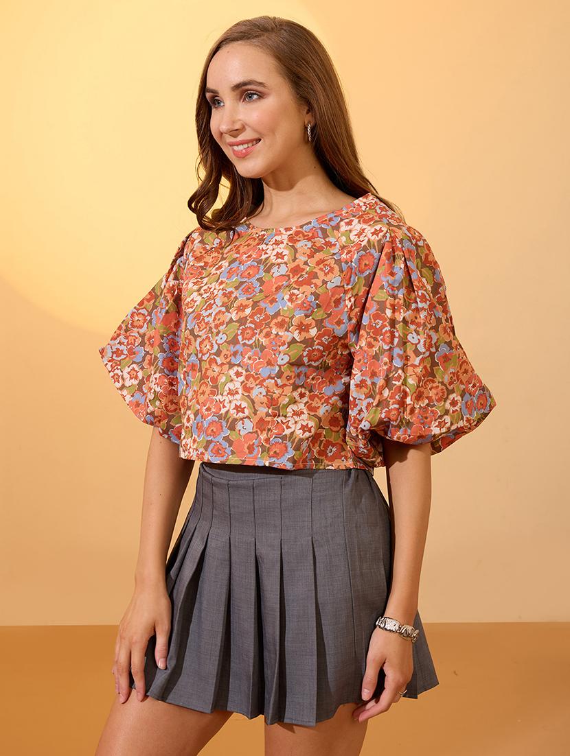 globus women multi round neck puff sleeves floral print top - 21934676 - Zoom Image - 0
