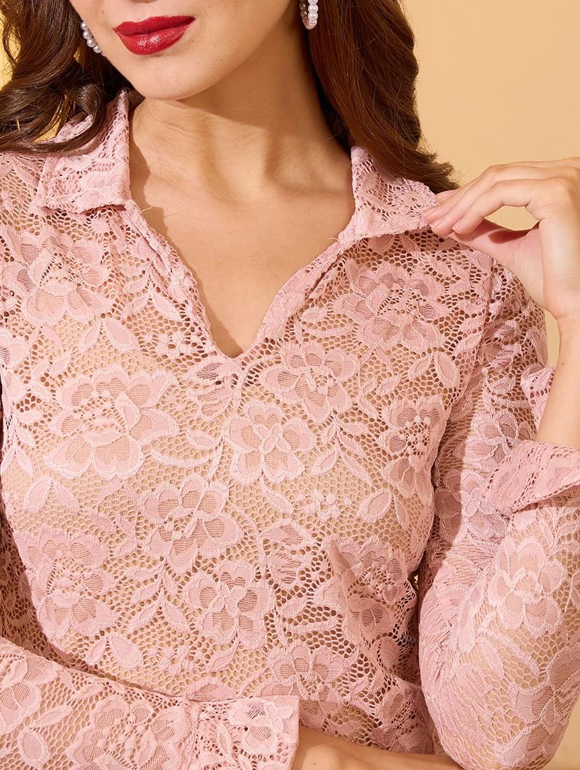 globus women pink collared v-neck floral lace party top - 21934677 - Standard Image - 3
