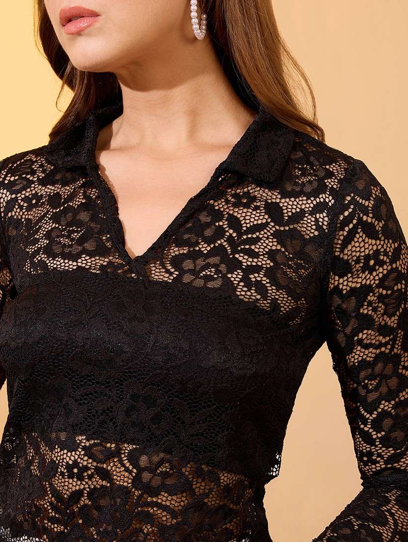 globus women black collared v-neck floral lace party top - 21934678 -  Standard Image - 3