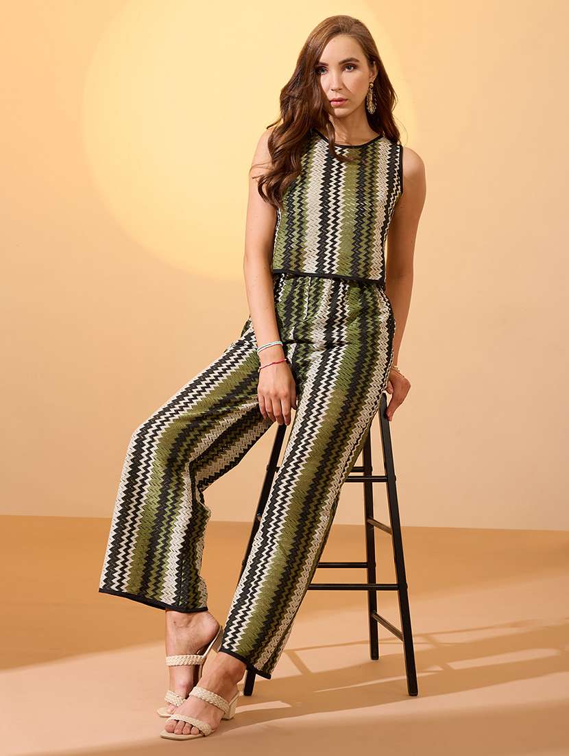 globus women green chevron print crochet round neck boxy fit crop top with trousers resort co-ord set - 21934679 -  Zoom Image - 0
