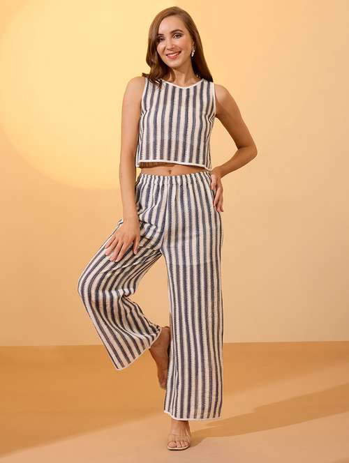 globus women off white chevron print crochet round neck boxy fit crop top with trousers resort co-ord set - 21934680 - Standard Image - 0