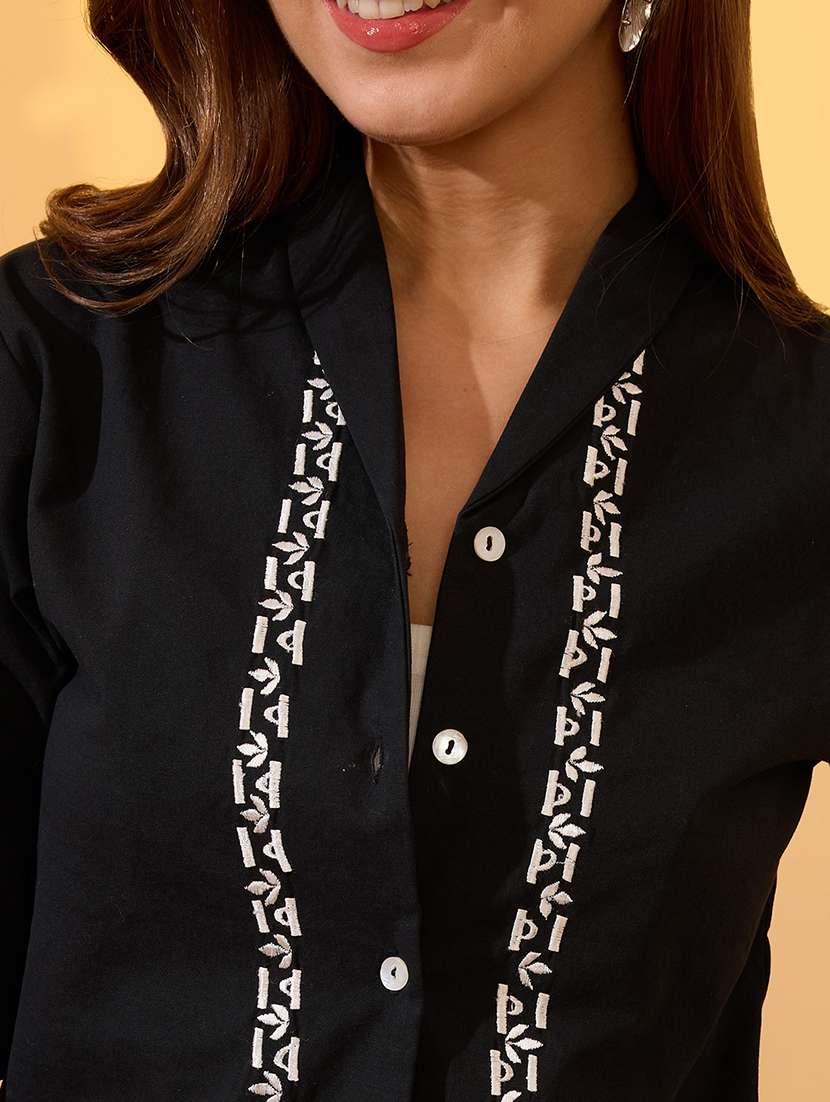 globus women black notch lapel collar embroidered border shirt with mini shorts resort co-ords set - 21934684 - Standard Image - 3