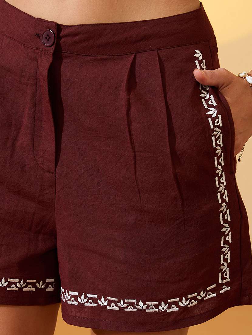 globus women brown notch lapel collar embroidered border shirt with mini shorts resort co-ords set - 21934685 - Standard Image - 5