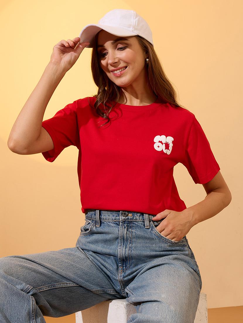 globus women red round neck short sleeves graphic print oversized crop t-shirt - 21934686 - Zoom Image - 0