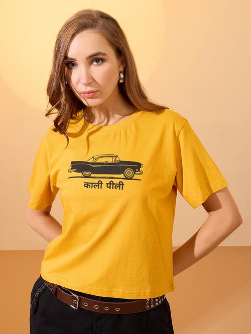 globus women yellow round neck short sleeves graphic print oversized crop t-shirt - 21934688 -  Standard Image - 0