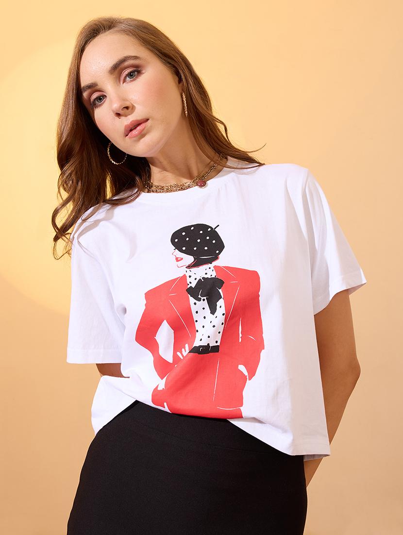globus women white round neck short sleeves graphic print oversized crop t-shirt - 21934689 - Zoom Image - 0