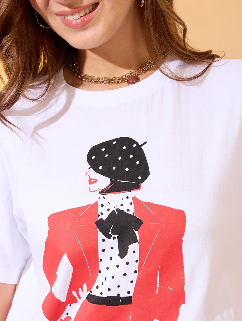 globus women white round neck short sleeves graphic print oversized crop t-shirt - 21934689 - Standard Image - 3