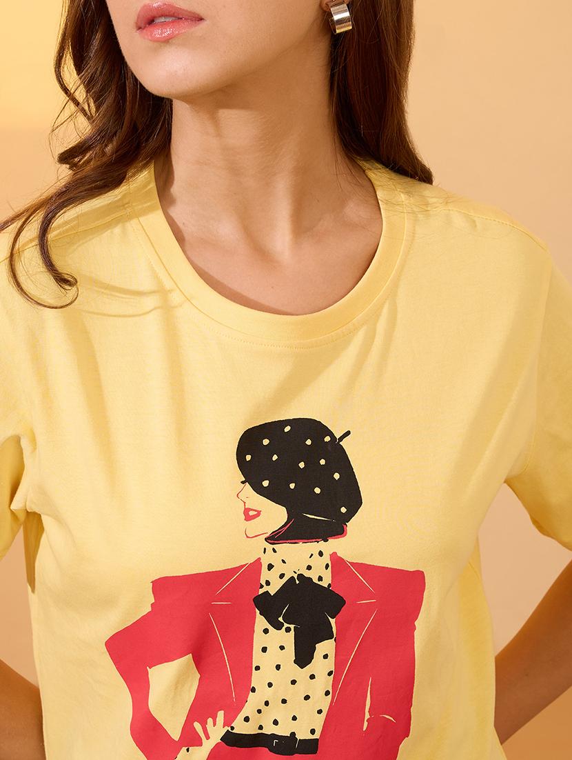 globus women yellow round neck short sleeves graphic print oversized crop t-shirt - 21934690 - Standard Image - 3