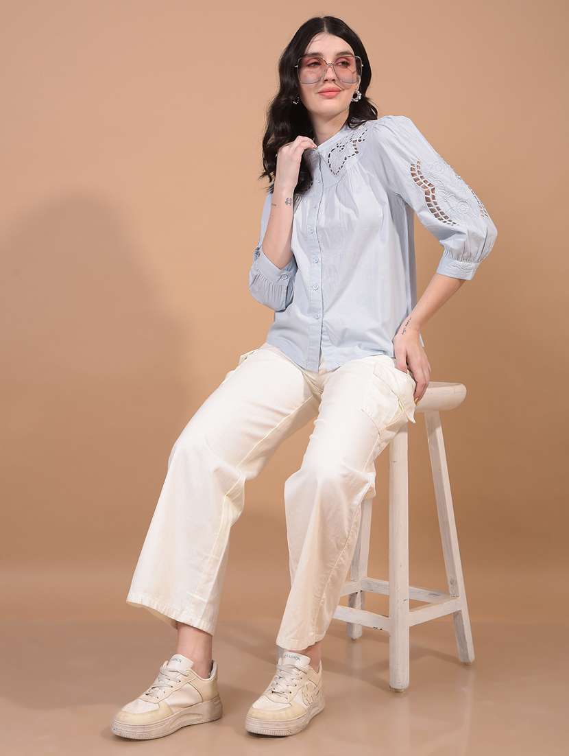 women solid puff sleeve mandarin neck shirt - 21934759 - Standard Image - 5