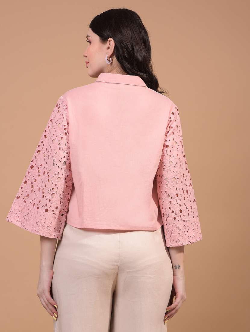 women puff sleeve schiffli crop shirt - 21934767 -  Standard Image - 3