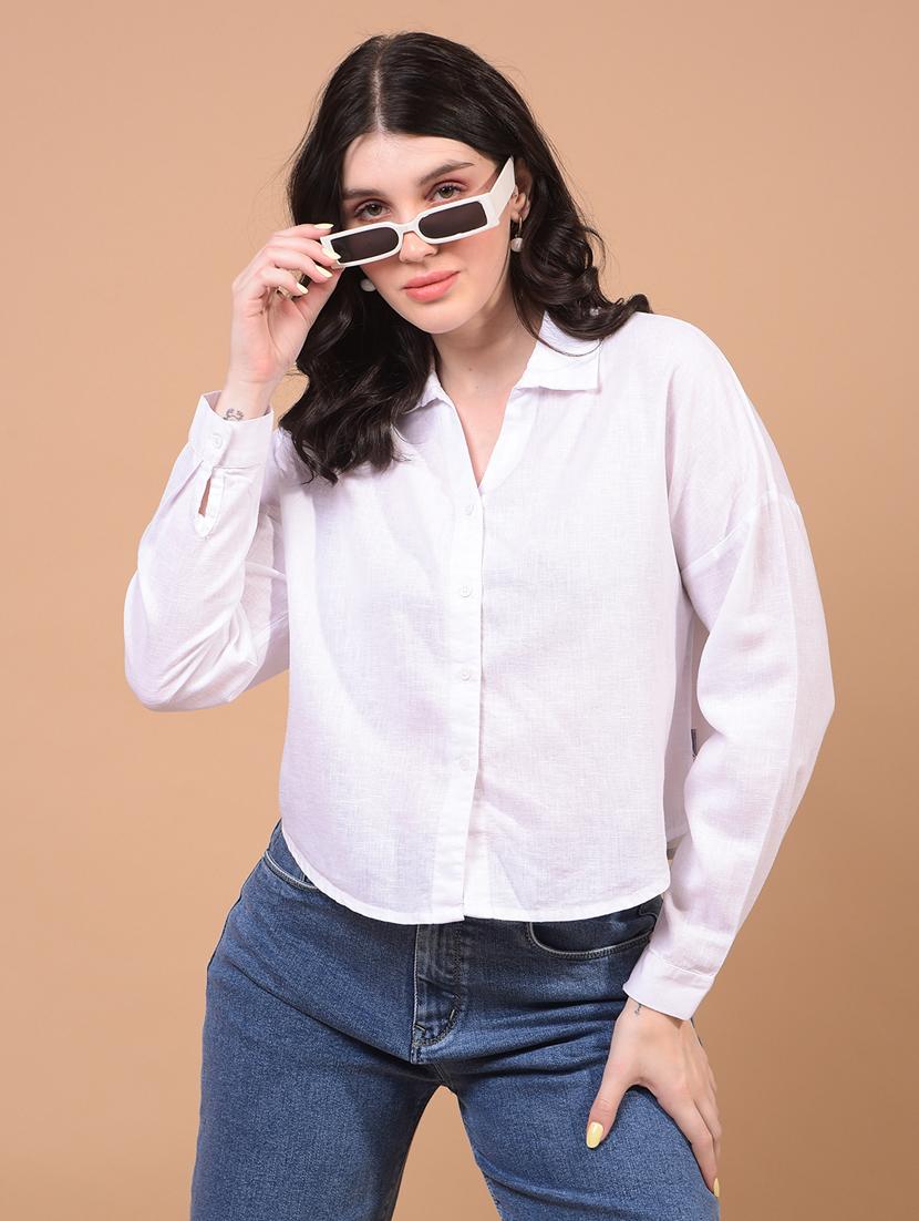 women solid collared puff sleeve crop shirt - 21934771 - Zoom Image - 0