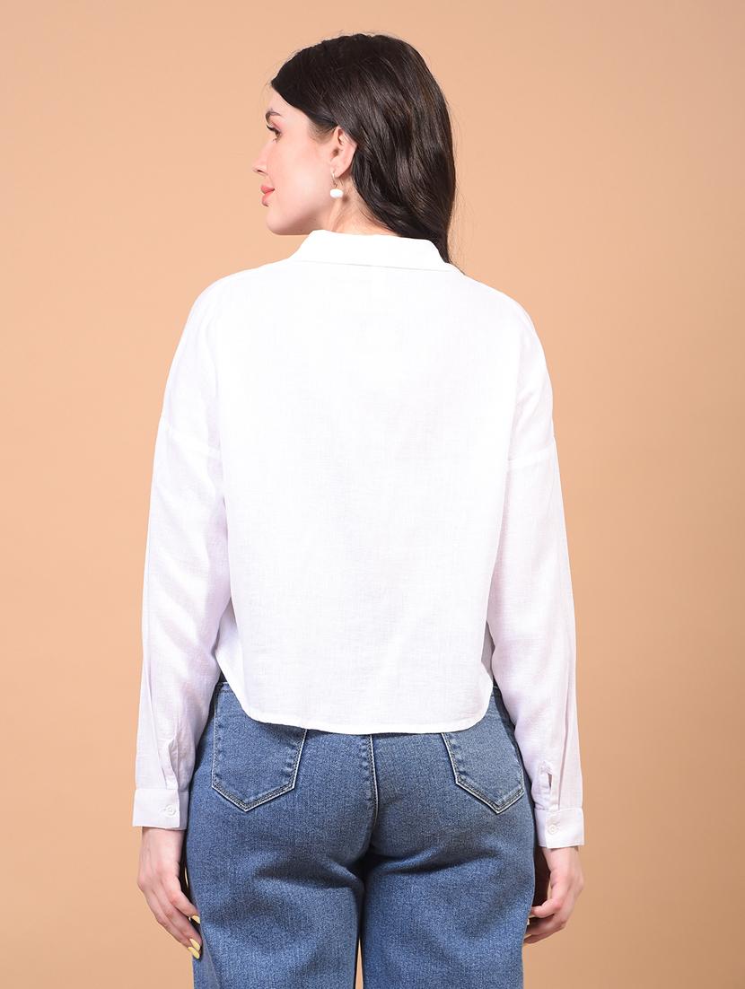 women solid collared puff sleeve crop shirt - 21934771 - Standard Image - 3