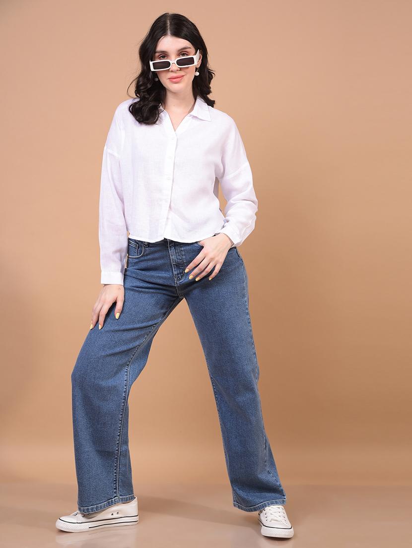 women solid collared puff sleeve crop shirt - 21934771 - Standard Image - 5
