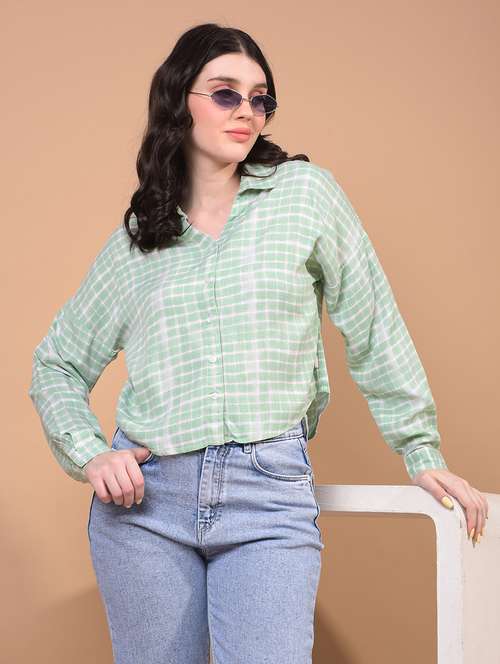 women tie & dye collared long sleeve crop shirt - 21934774 -  Standard Image - 0