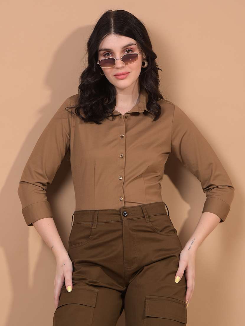 women solid collared regular shirt