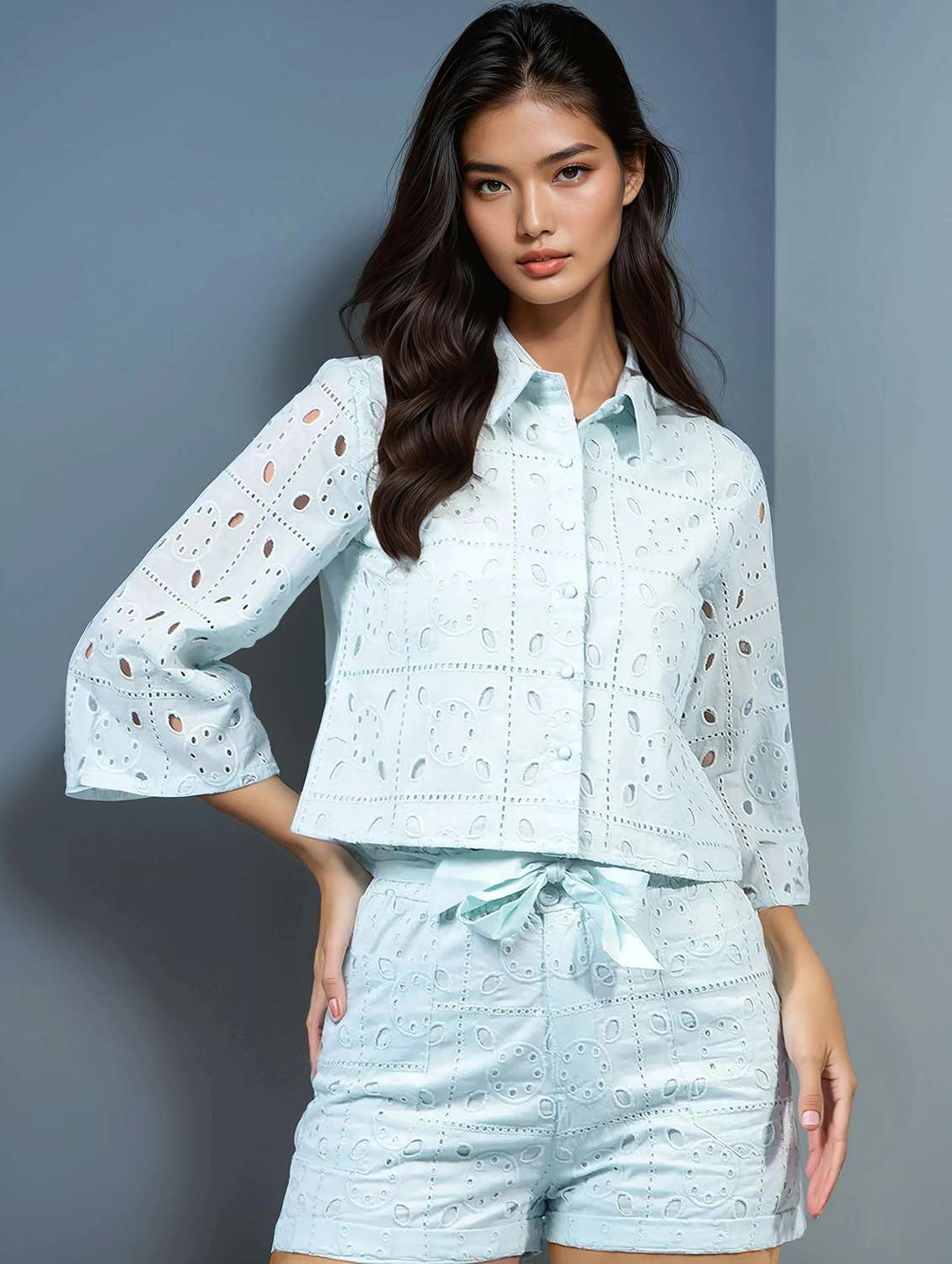 women collared schiffli crop shirt - 21934784 -  Standard Image - 3