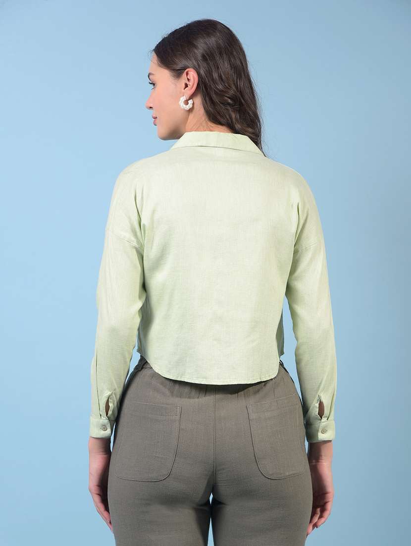 women solid collared long sleeve crop shirt - 21934797 -  Standard Image - 3