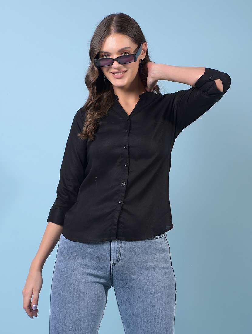 women black solid mandarin neck regular shirt - 21934798 - Zoom Image - 0