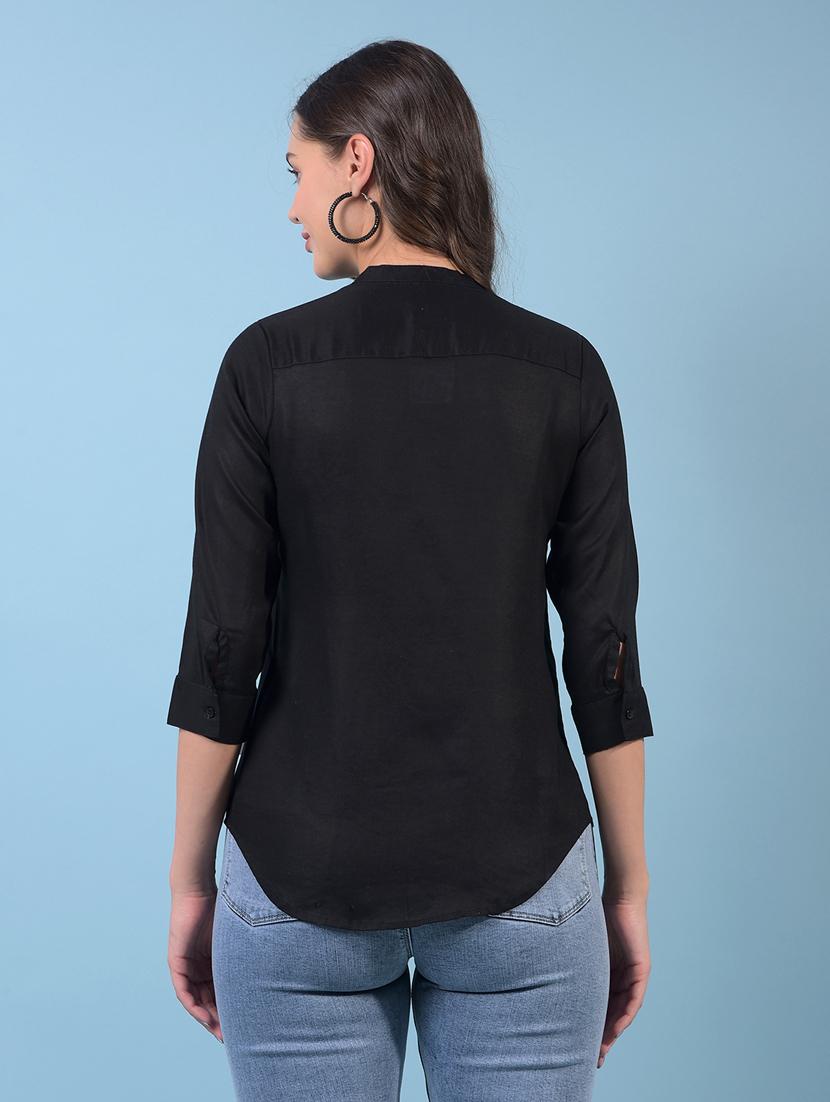 women black solid mandarin neck regular shirt - 21934798 - Standard Image - 3