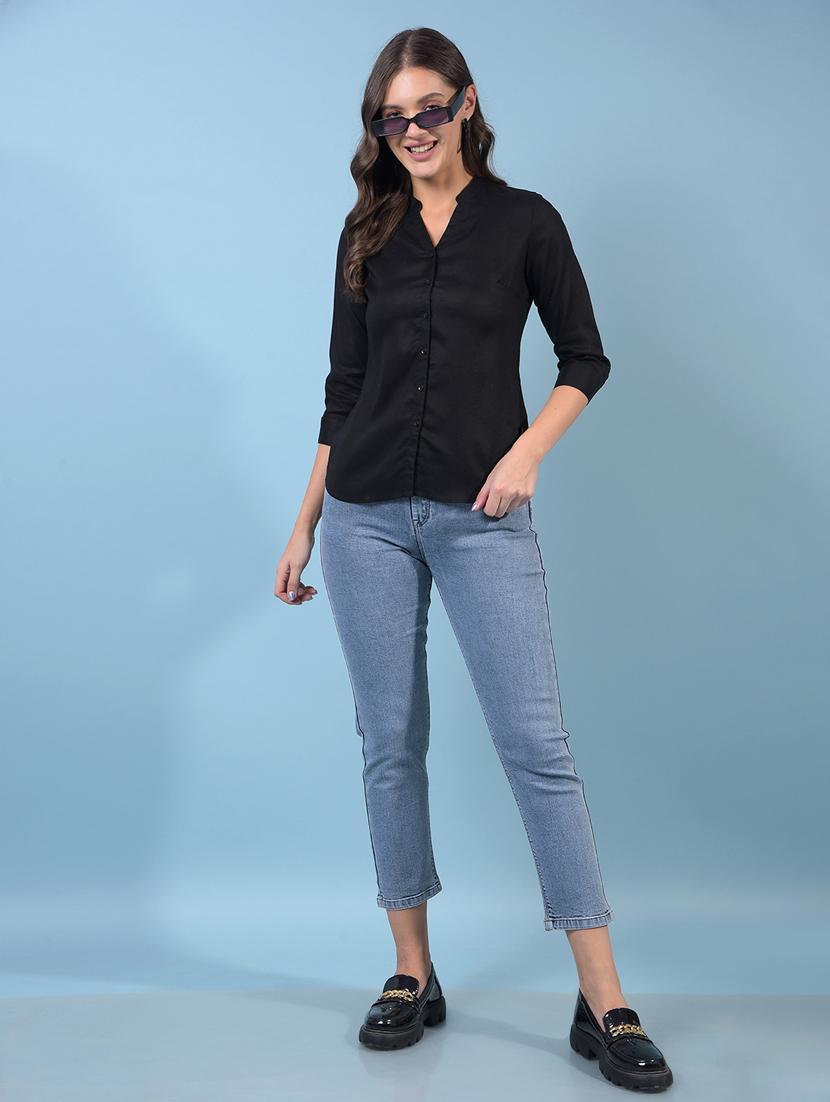 women black solid mandarin neck regular shirt - 21934798 - Standard Image - 5