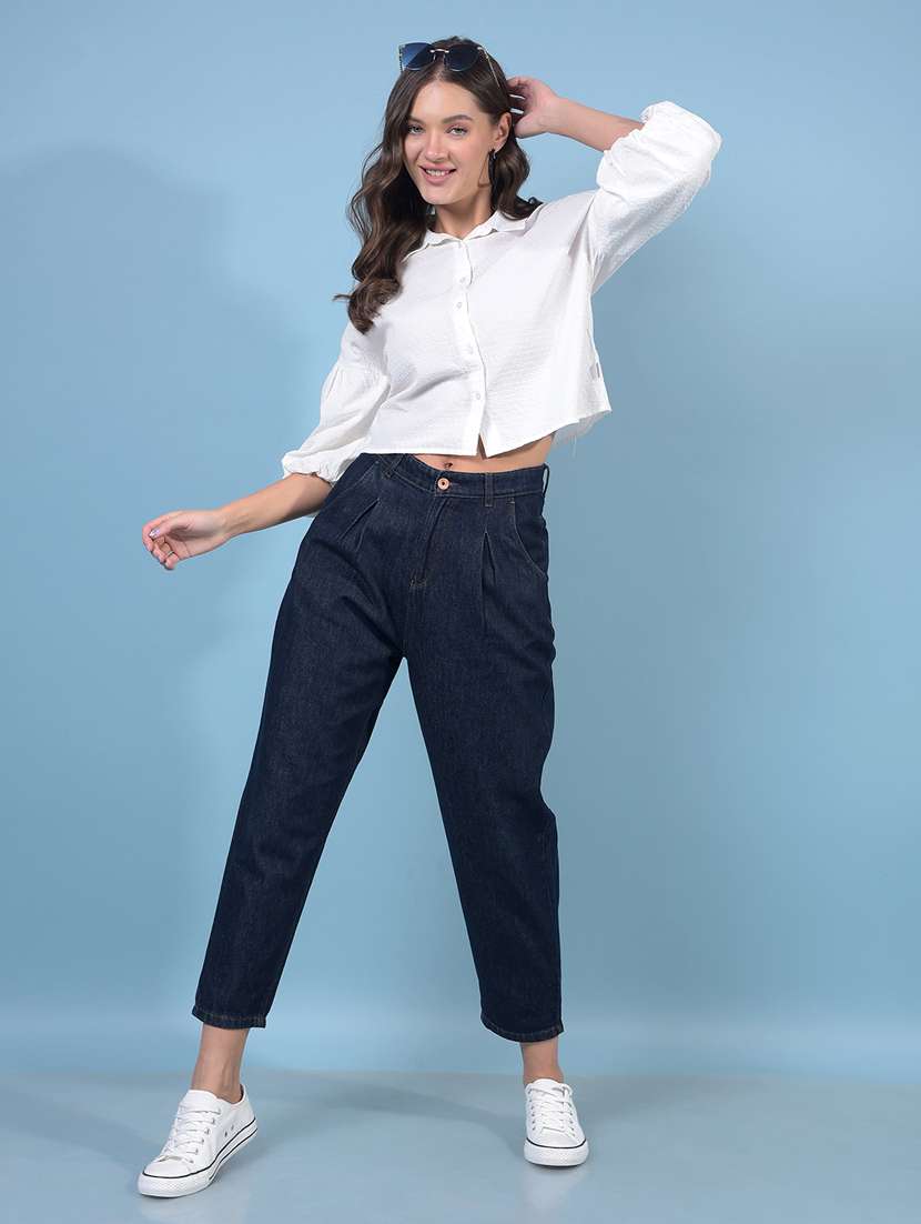 women solid collared puff sleeve crop shirt - 21934801 -  Standard Image - 5