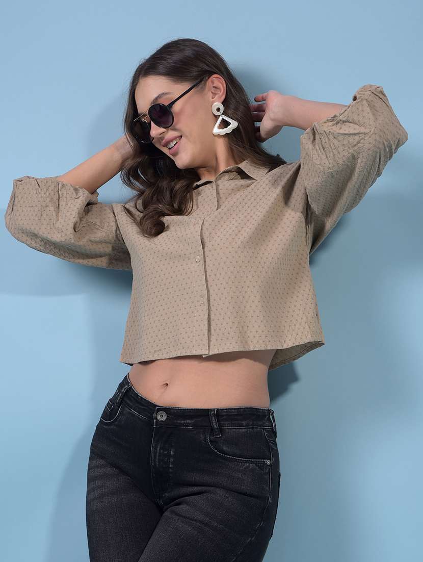 women self designed collared puff sleeve crop shirt
