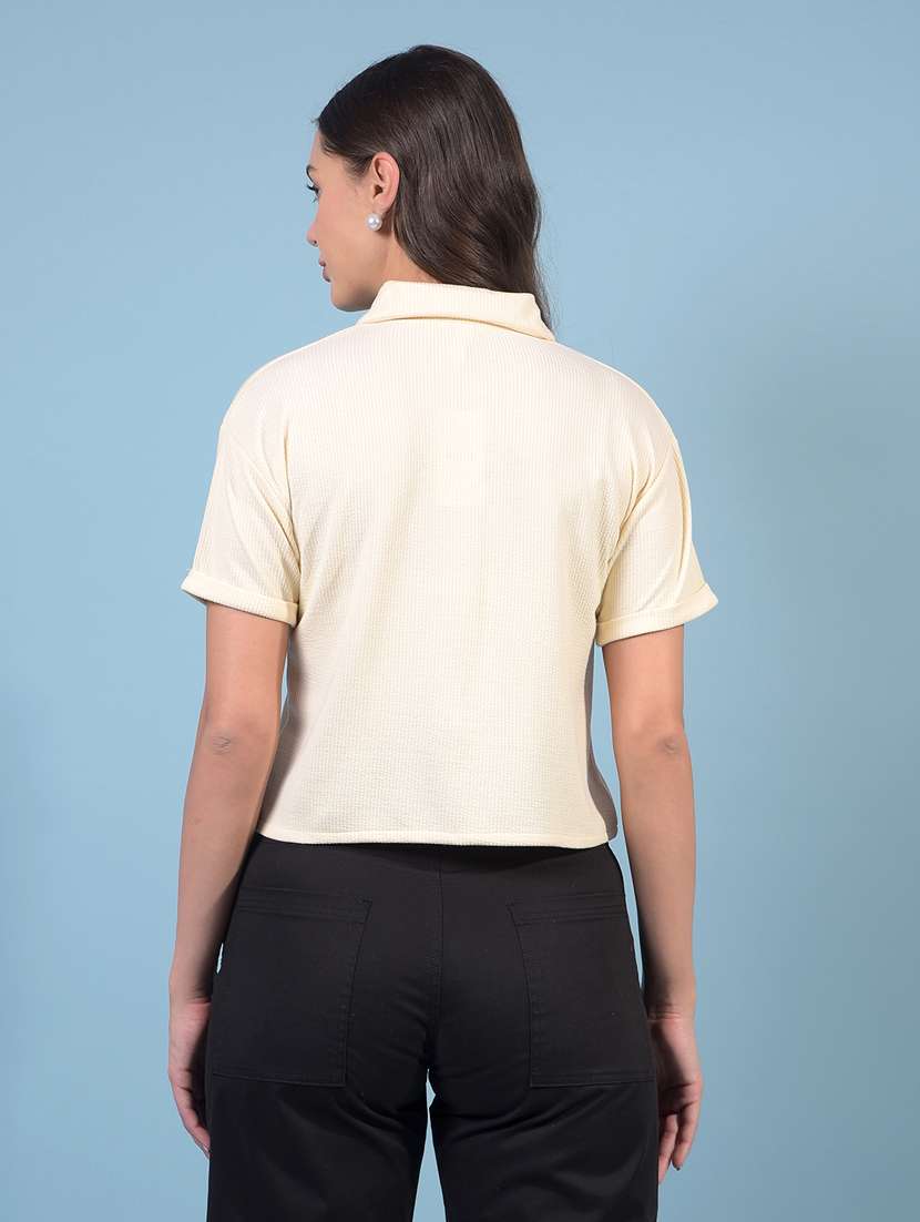 women solid collared short sleeve crop shirt - 21934804 - Standard Image - 3