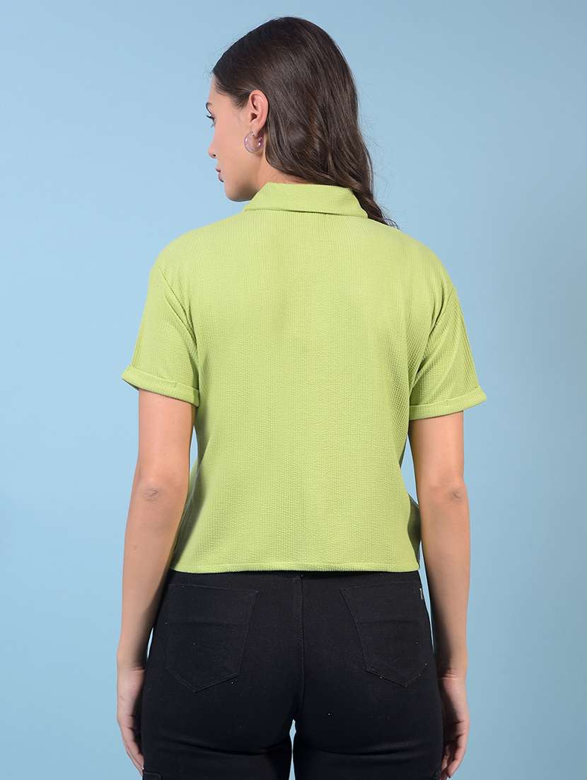 women solid collared short sleeve crop shirt - 21934805 -  Standard Image - 3