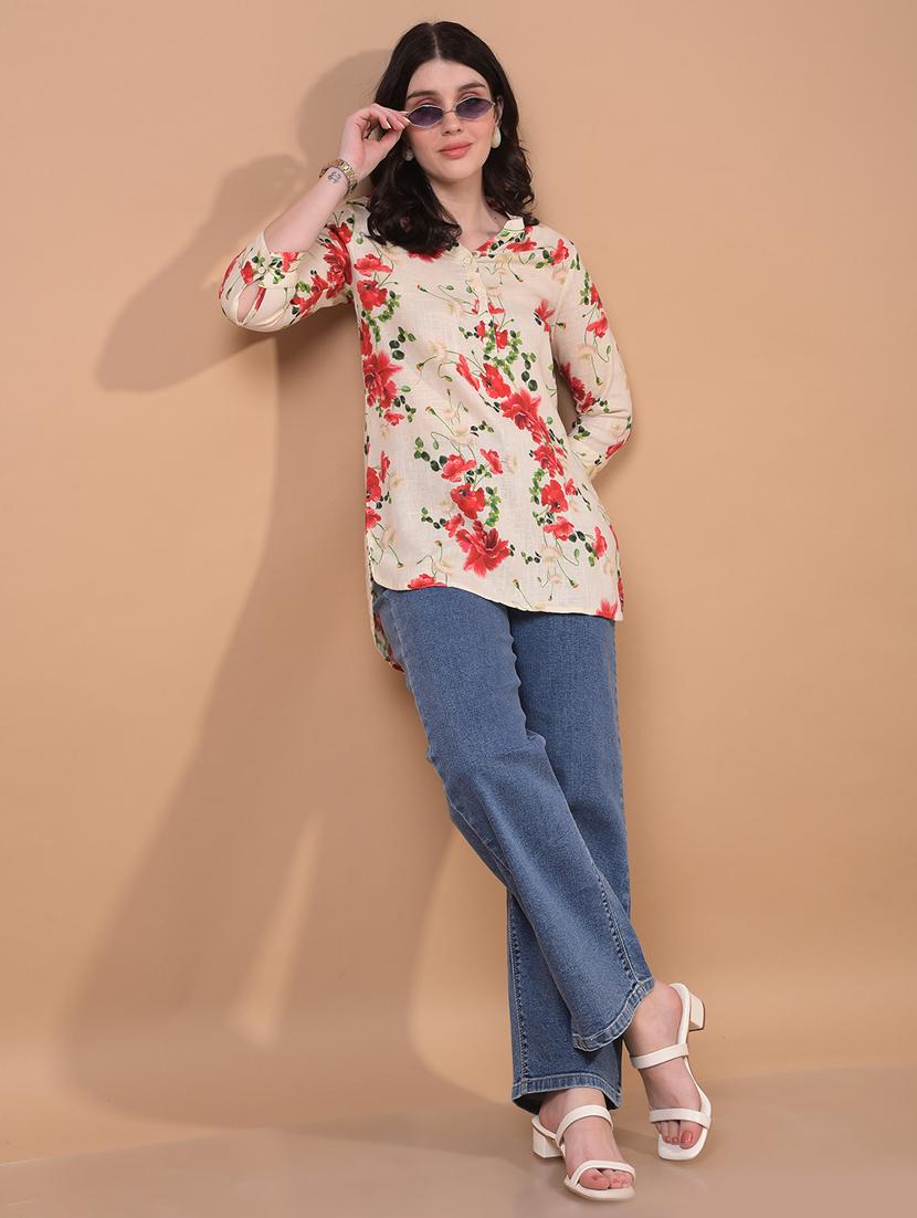 women floral print mandarin neck short kurti - 21934812 - Standard Image - 5