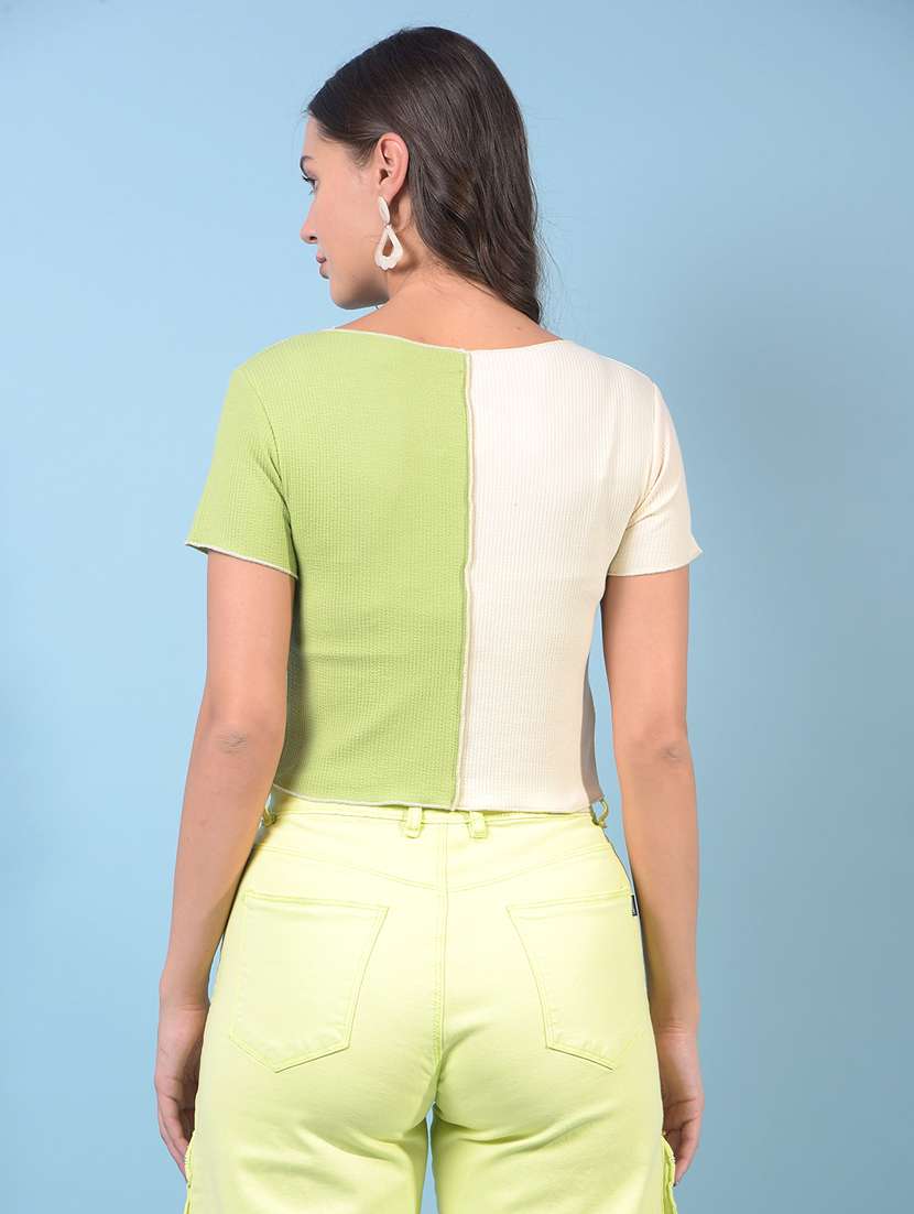 women green 7 white color blcoked crop top - 21934879 -  Standard Image - 3