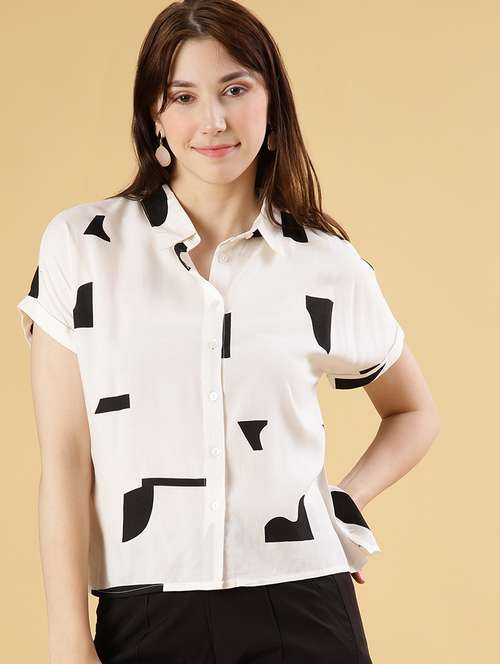 women printed short sleeve boxy shirt - 21935483 - Standard Image - 0