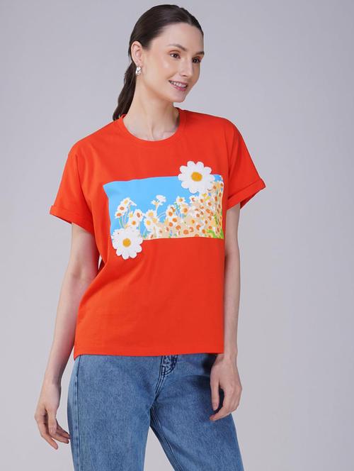 women orange cotton blend floral printed t-shirt - 21935500 - Standard Image - 0
