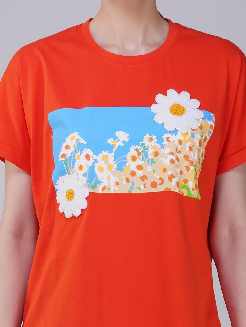 women orange cotton blend floral printed t-shirt - 21935500 - Standard Image - 5