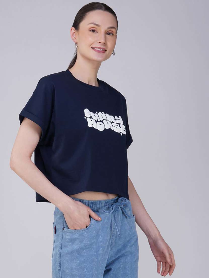 women printed short sleeve regular fit crop t-shirt